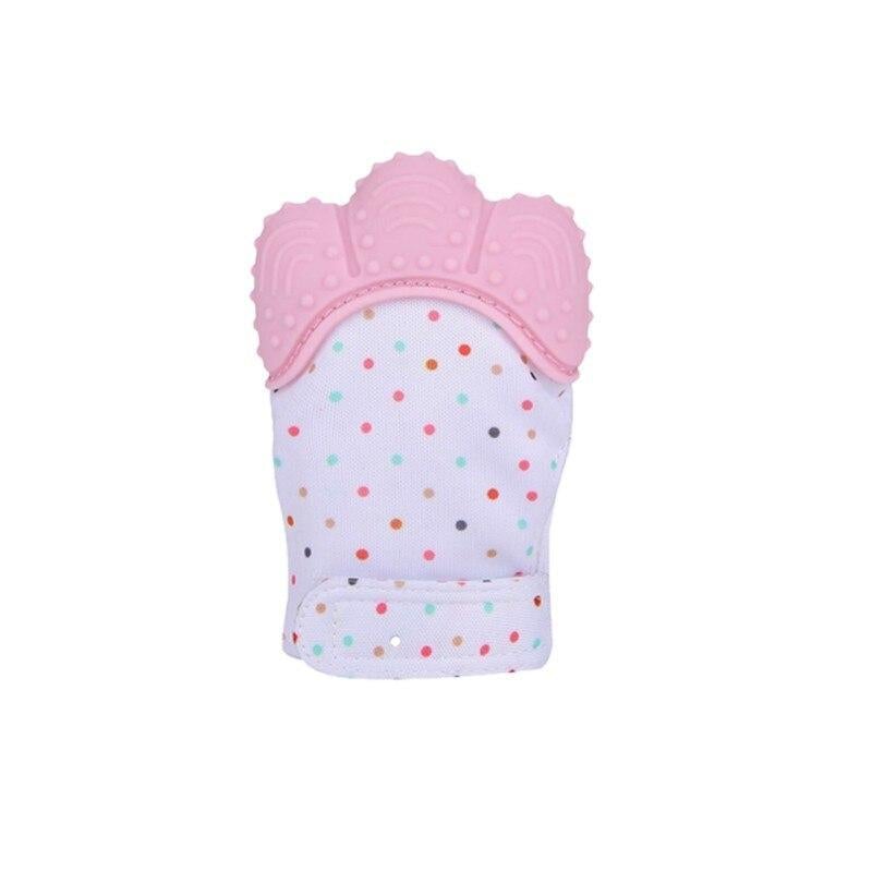 Pink and white baby teething mitten with raised nubs and dot pattern