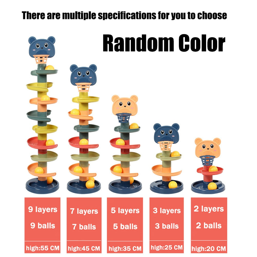 Color options for rolling ball tower toy with bear figures and stacked track levels