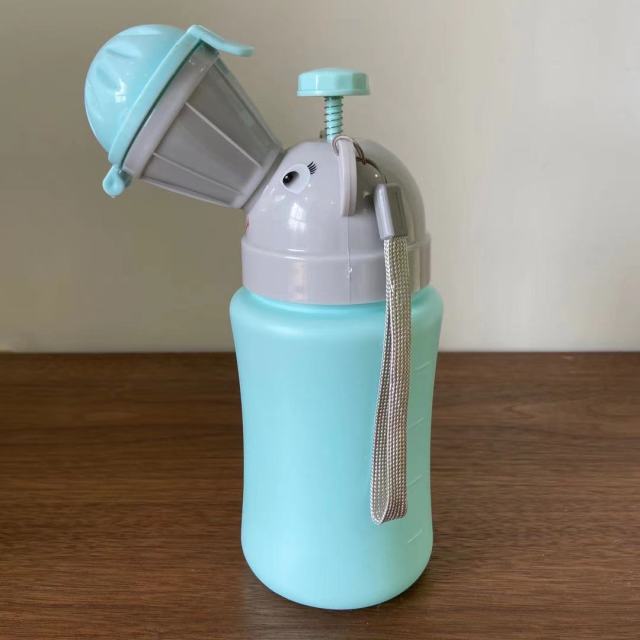 Light blue portable baby travel potty urinal with gray funnel top and hanging strap