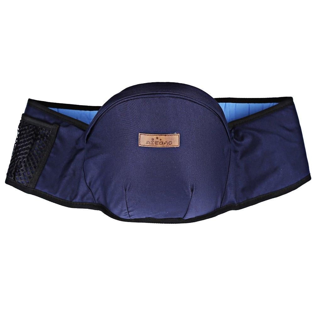 Hip seat carrier with padded front pouch and mesh side panel, blue.