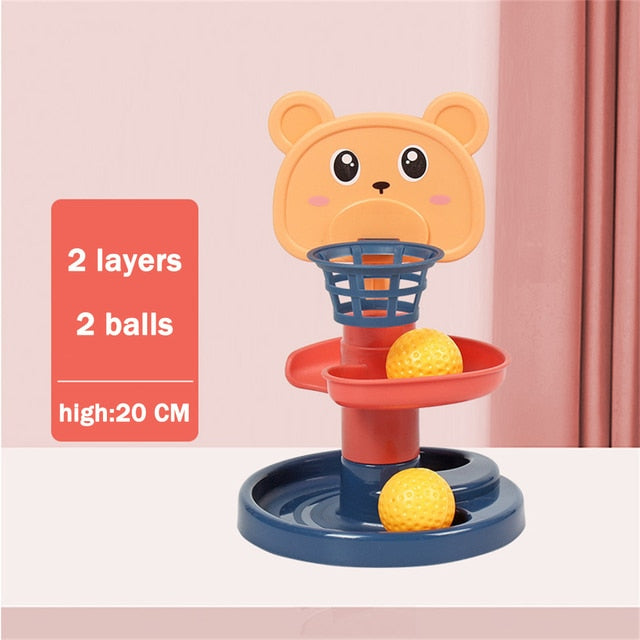 2-layer rolling ball tower toy with bear face topper and yellow balls on base