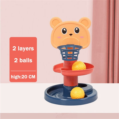 2-layer rolling ball tower toy with bear face topper and yellow balls on base