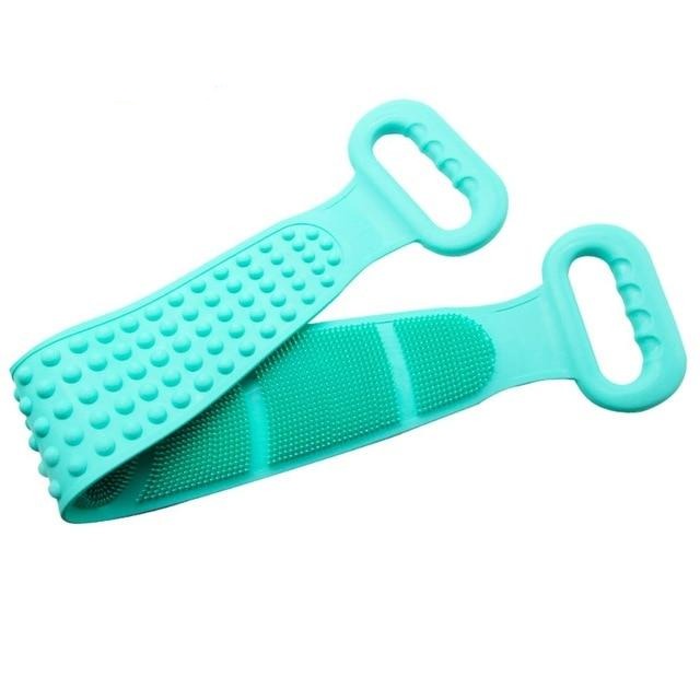 Light teal silicone bath brush belt with dotted grip and ribbed scrub pad
