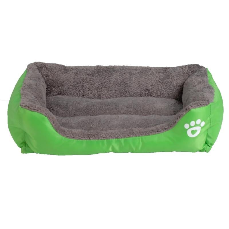 Waterproof fleece pet bed in green with gray inner cushion and white paw-print