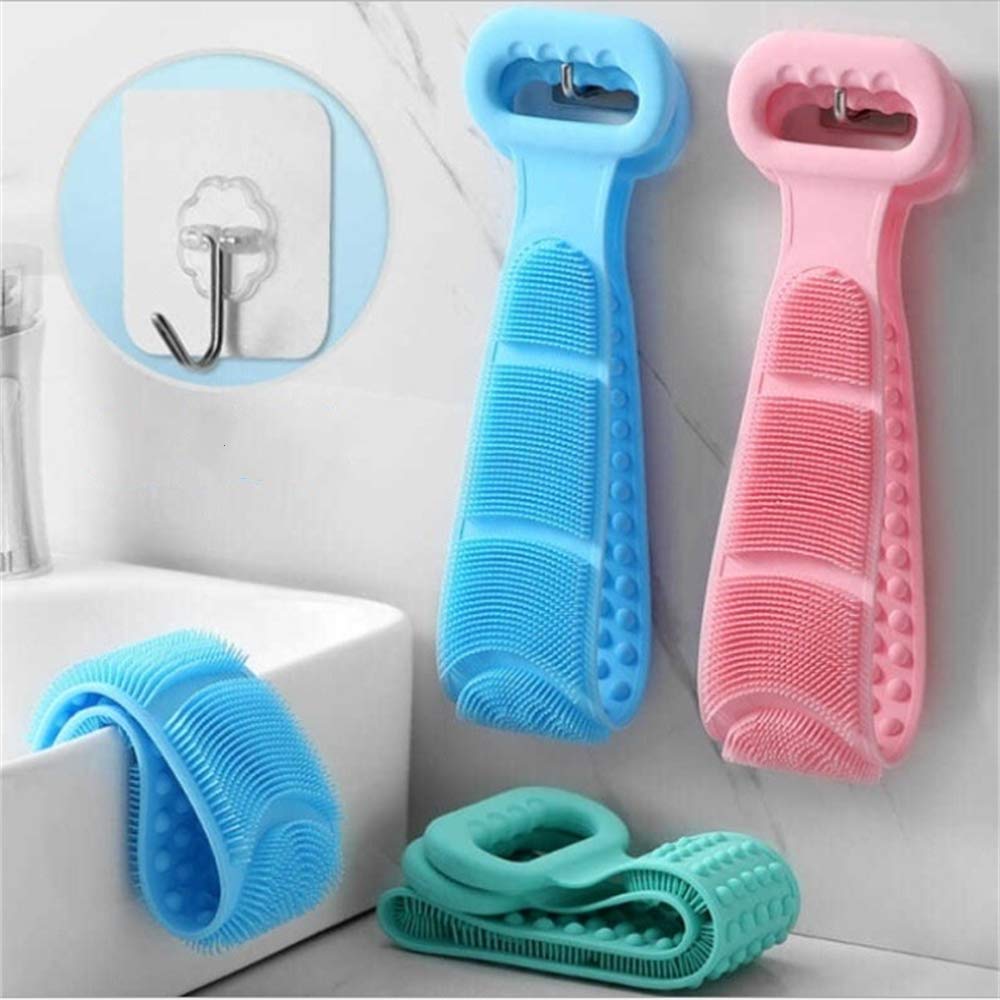 Silicone bath brush belt set in blue, pink, and green with hanging handles