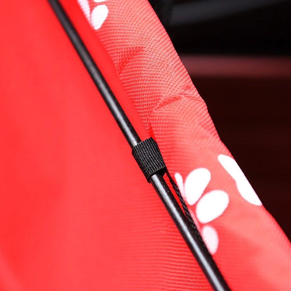 Pet car hammock seat, red with white paw print pattern and black fastening strap