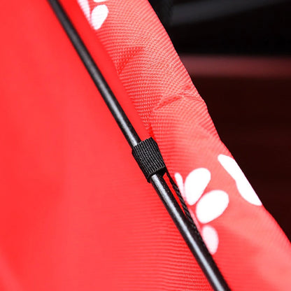 Pet car hammock seat, red with white paw print pattern and black fastening strap