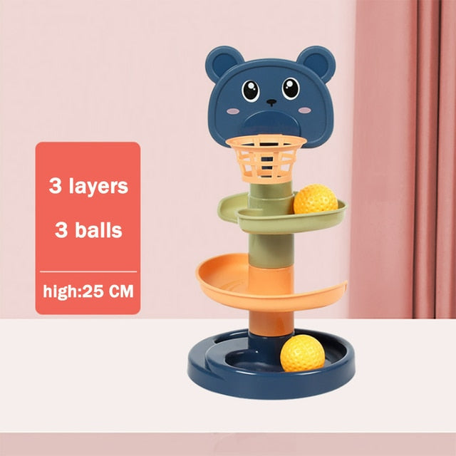 3-layer rolling ball tower toy with bear face topper and yellow balls on base
