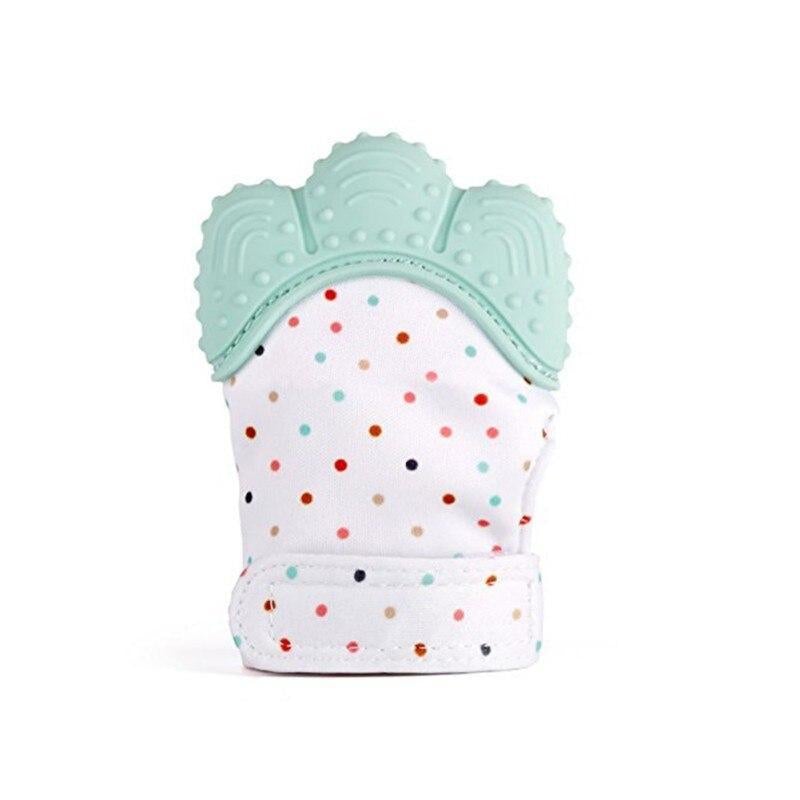 Light blue and white baby teething mitten with raised nubs and dot pattern