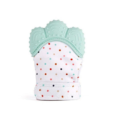 Light blue and white baby teething mitten with raised nubs and dot pattern