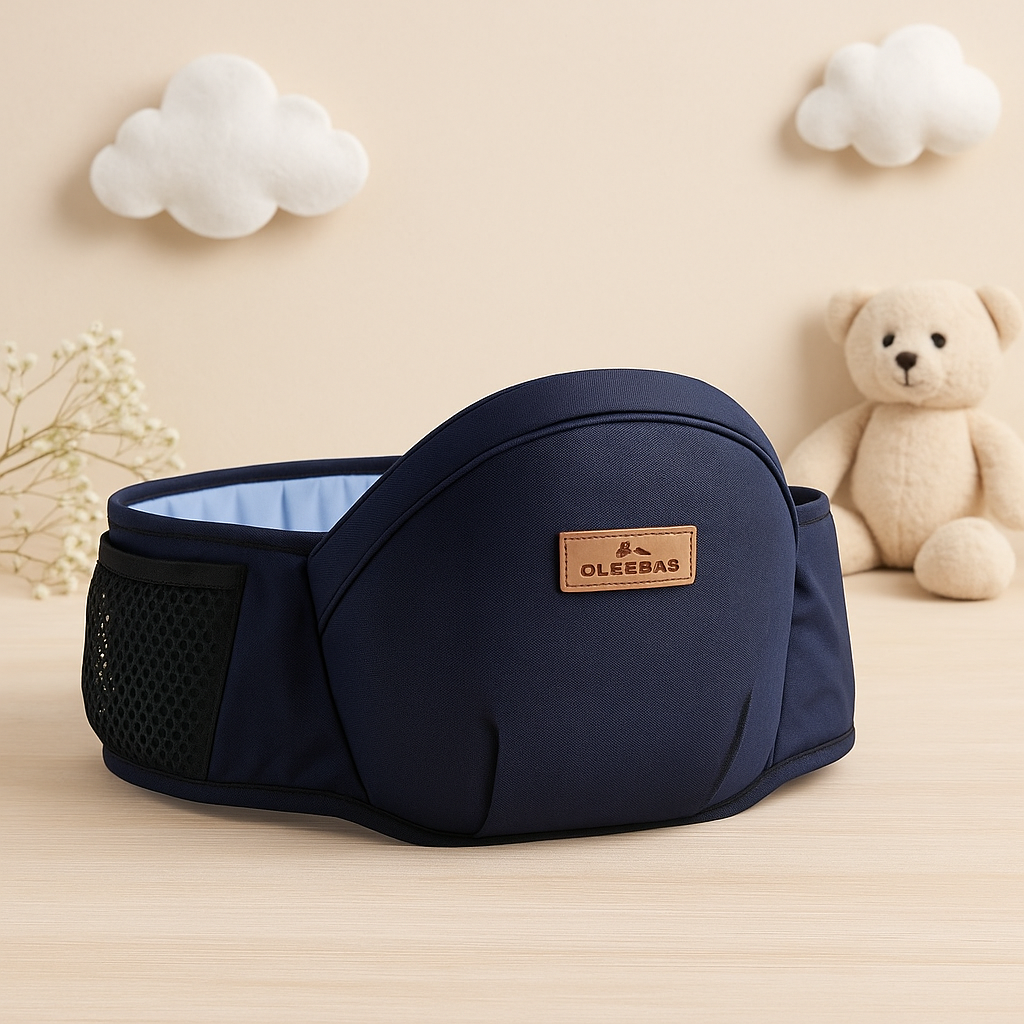 Baby hip seat carrier with padded waist belt, mesh side panel, and front logo patch.