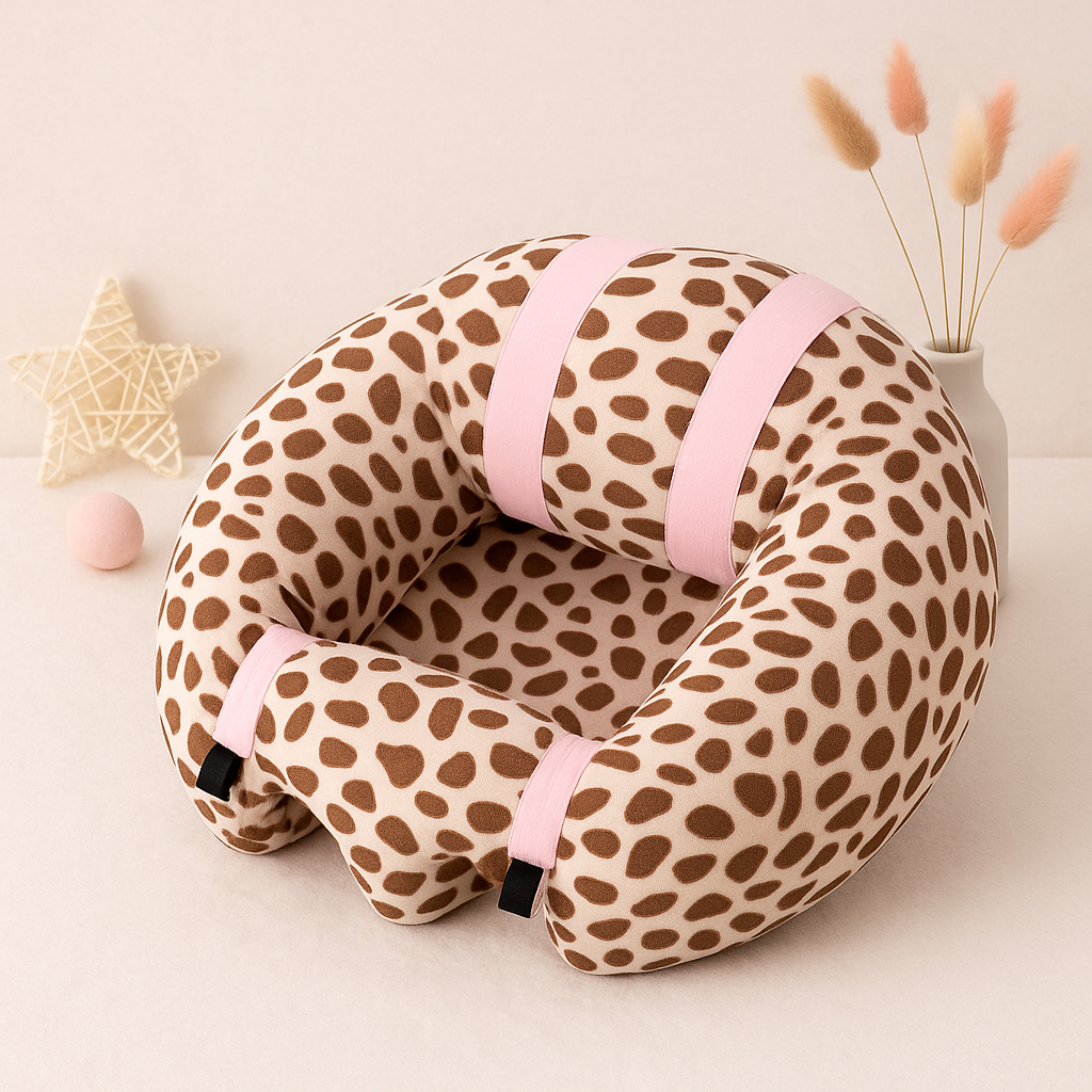Baby sit-up support seat with leopard print cover and pink fabric straps
