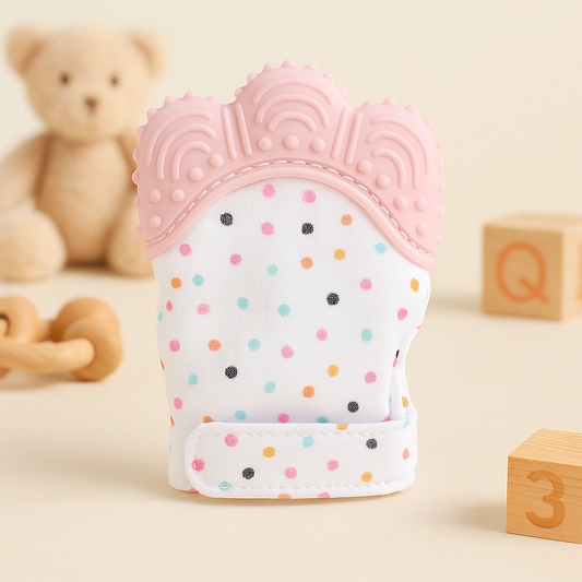 Pink and white baby teething mitten toy with textured thumb and dot fabric