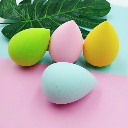 Makeup sponge blender set: neon green, yellow, pink, and blue water-drop sponges