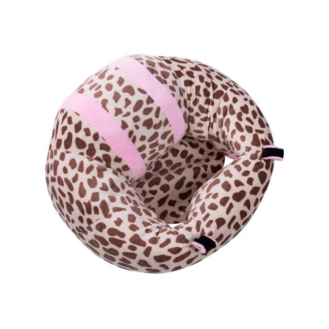 Leopard-print baby sit-up support seat with pink side straps and soft padding