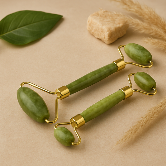 Double-head jade face roller with two curved green stones and gold-toned handles
