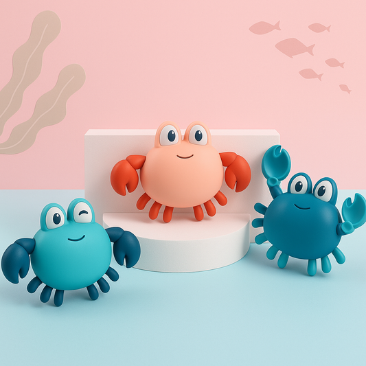 Blue and orange floating crab bath toy trio with smiling faces