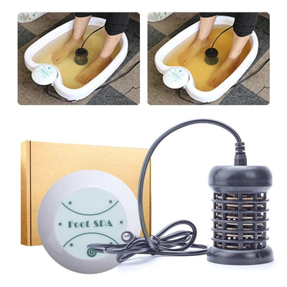 Foot spa machine with control pad, cable, black electrode, and basin insert views