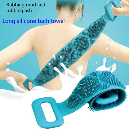 Teal silicone bath brush belt with dotted scrubbing area and ribbed pad
