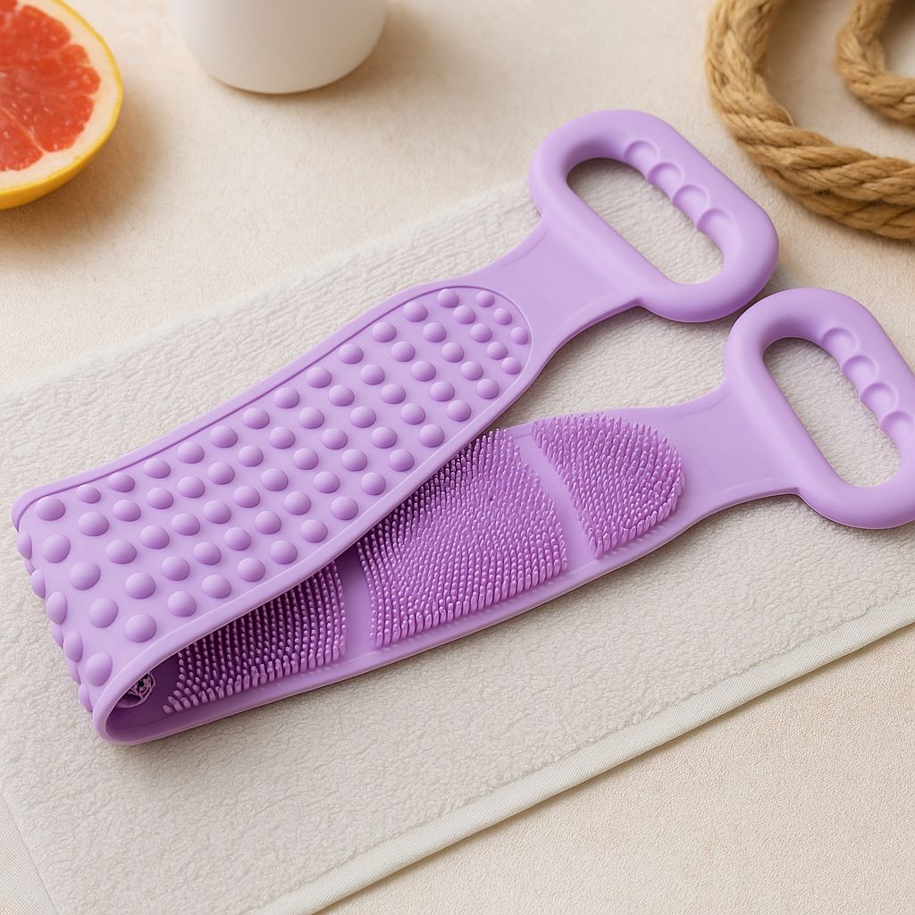 Purple silicone bath brush belt with textured dots and two scrub pads