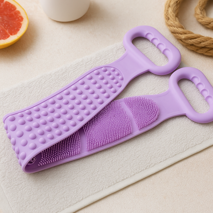 Purple silicone bath brush belt with textured dots and two scrub pads