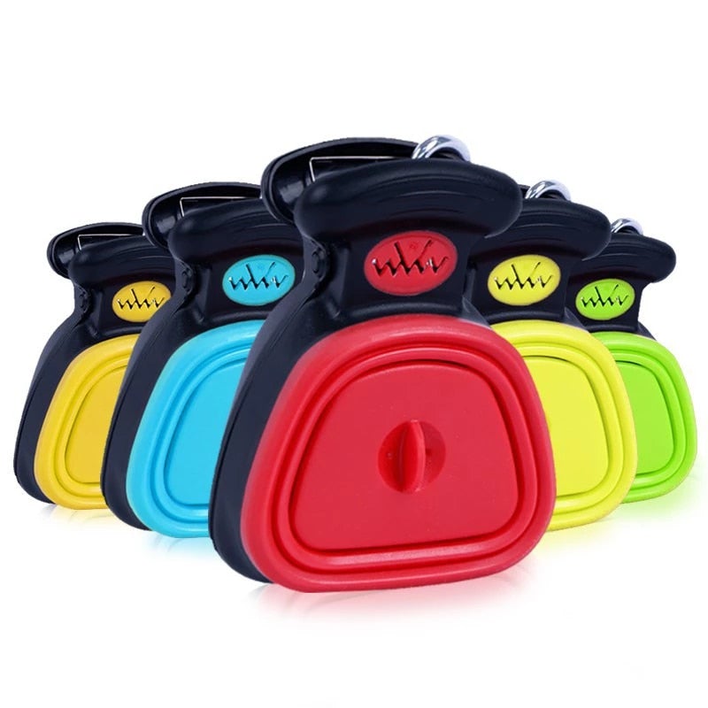 Poop picker tools in blue, red, yellow, and black with front scoops