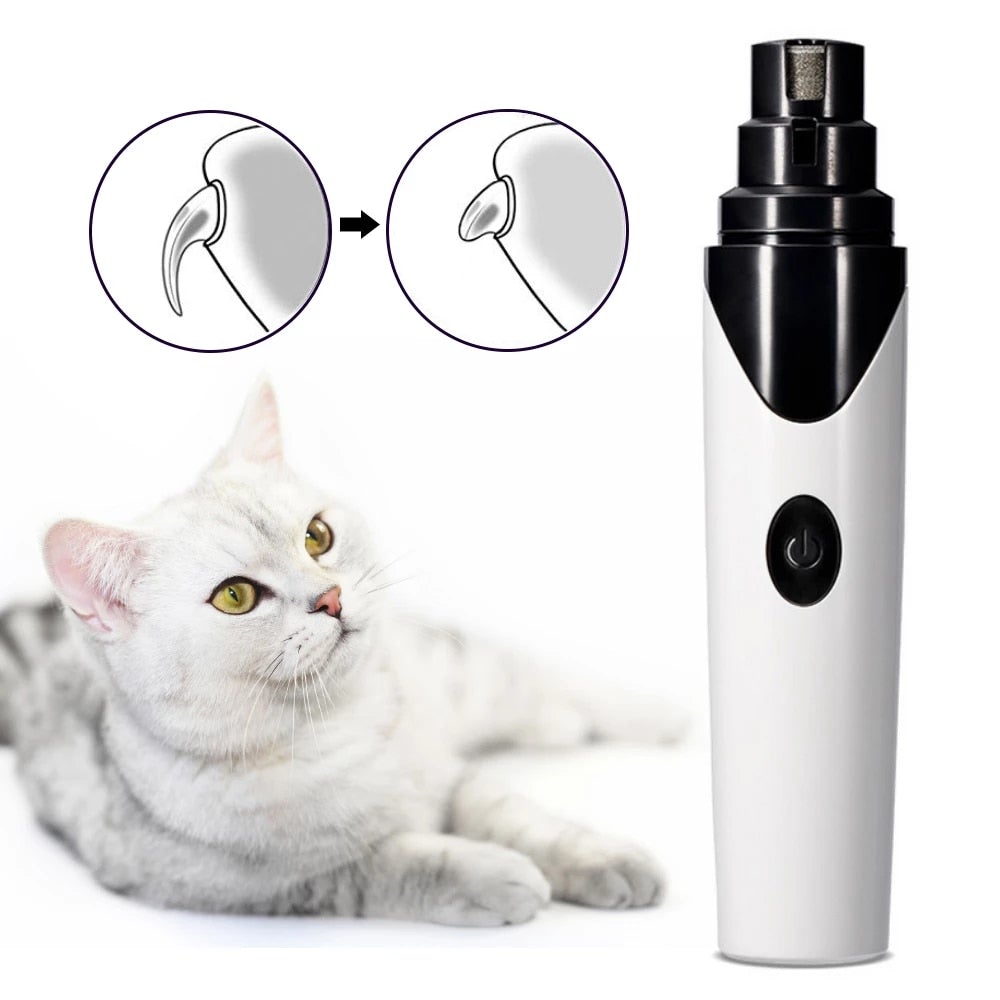 Rechargeable pet nail clipper being used on a seated cat, with visible grinding tip