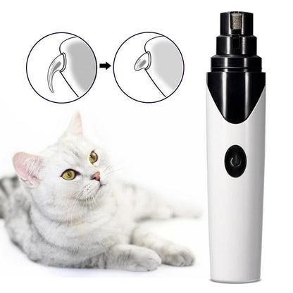 Rechargeable pet nail clipper being used on a seated cat, with visible grinding tip