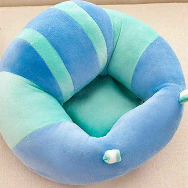 Baby sit-up support seat with light blue and turquoise striped cushion padding