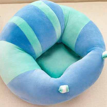 Baby sit-up support seat with light blue and turquoise striped cushion padding