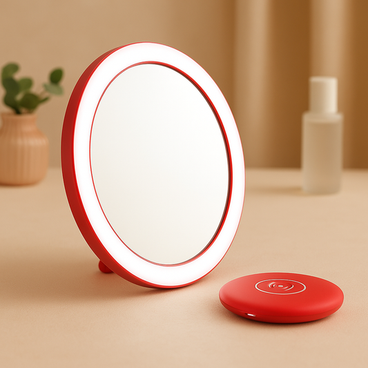 Pink rechargeable LED handheld makeup mirror with circular glowing ring