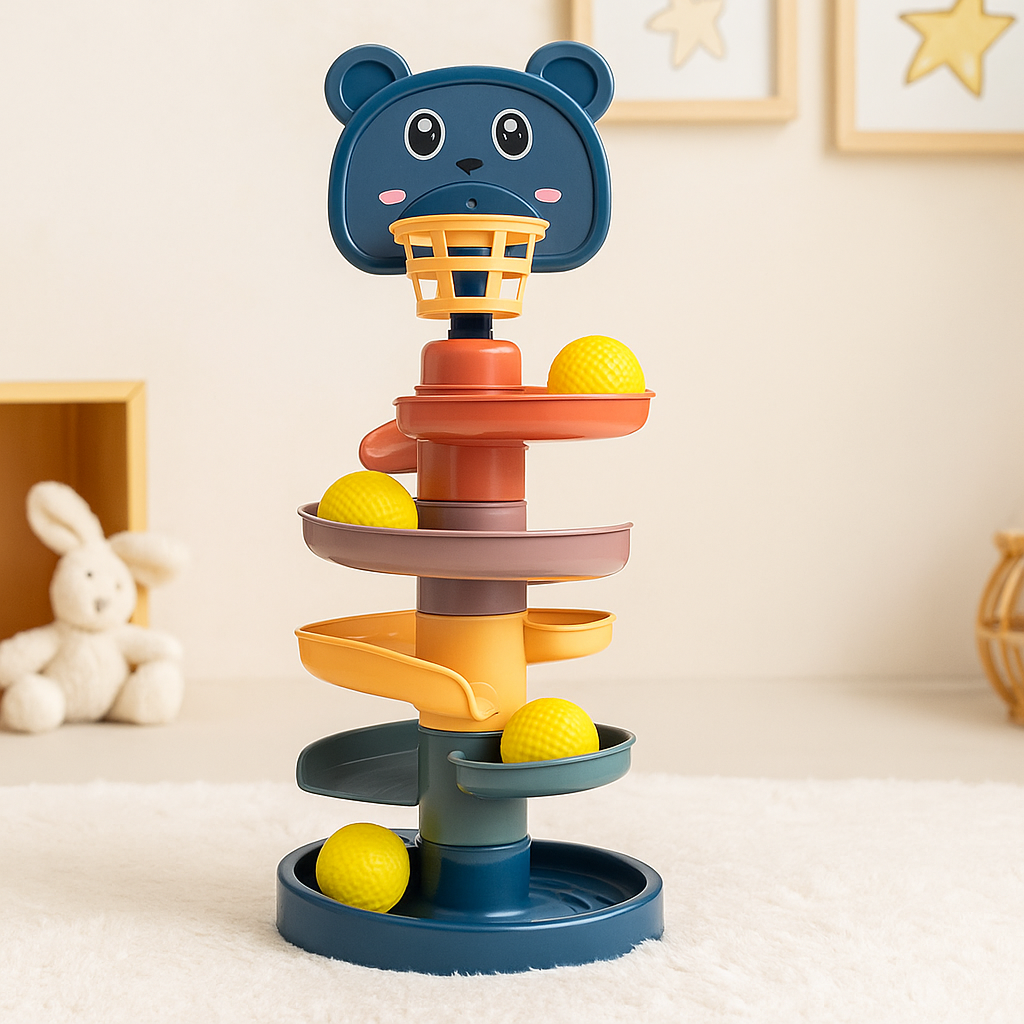 Baby rolling ball tower toy with bear-face topper, teal base, orange and yellow balls