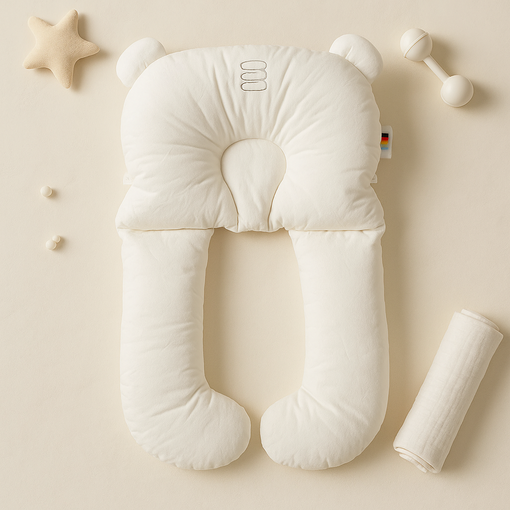 Newborn head shaping pillow, white plush U-shaped support with neck cutout and side bolsters