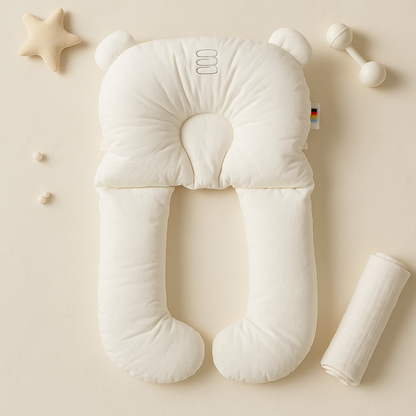 Newborn head shaping pillow, white plush U-shaped support with neck cutout and side bolsters