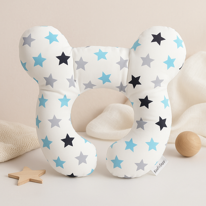 U-shaped baby head support pillow with white cover and blue/gray star pattern