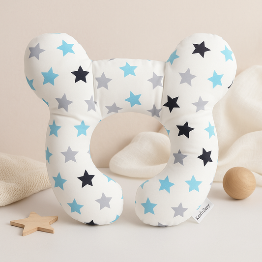 U-shaped baby head support pillow with white cover and blue/gray star pattern