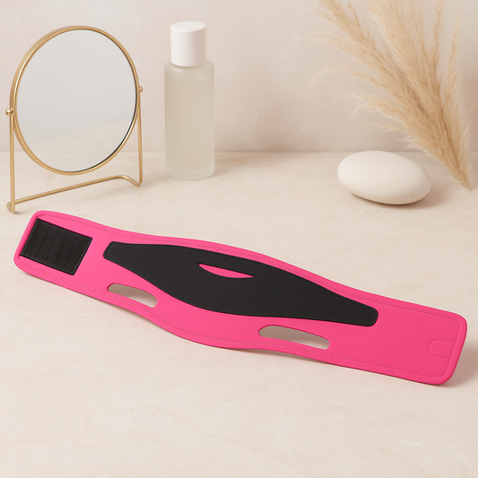 Pink and black V face lifting chin strap with hook-and-loop patches