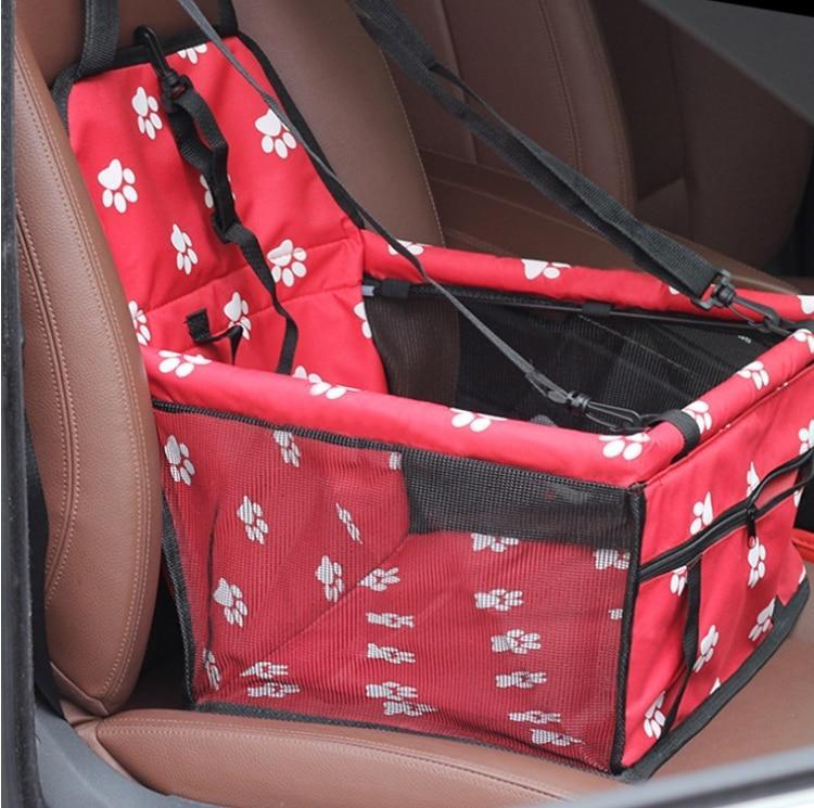 Pet car hammock seat, red with white paw print pattern and black side netting