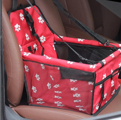 Pet car hammock seat, red with white paw print pattern and black side netting