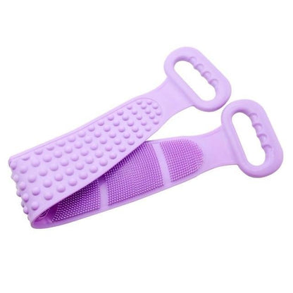 Purple silicone bath brush belt with dotted grip and ribbed scrub strip