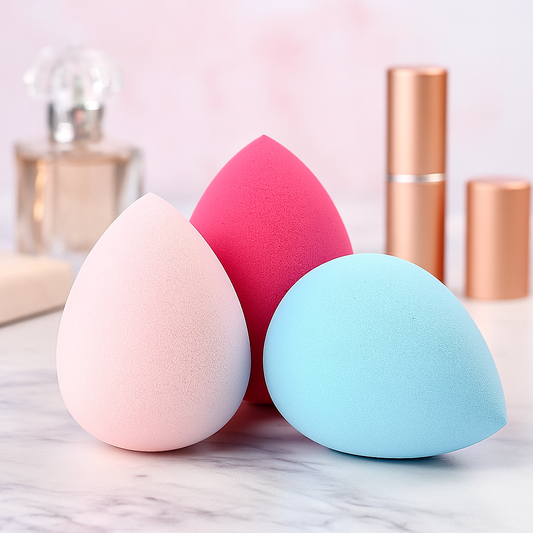 Makeup sponge blender set: pink and blue water-drop sponges with teardrop tips