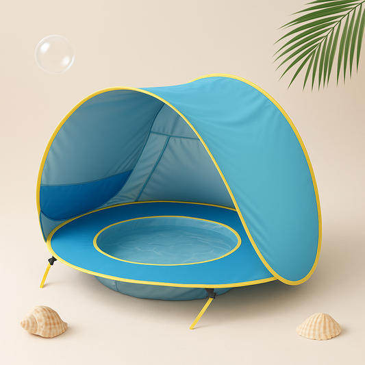 Blue waterproof baby beach tent with open mesh front and round play floor