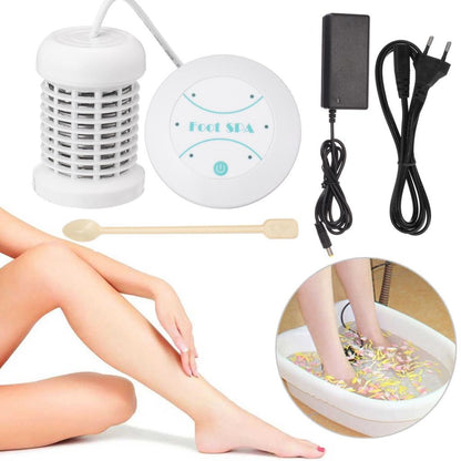 Foot spa machine components: white heater, control pad, power adapter and cords