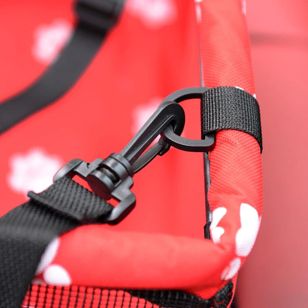 Pet car hammock seat, red fabric with black straps and buckle hardware