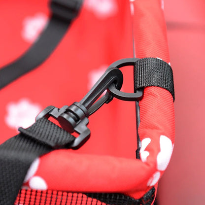 Pet car hammock seat, red fabric with black straps and buckle hardware