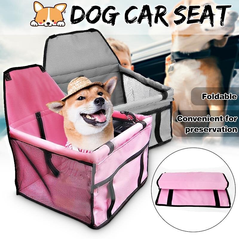 Pet car hammock seat, pink with black straps and gray top cushion, foldable design