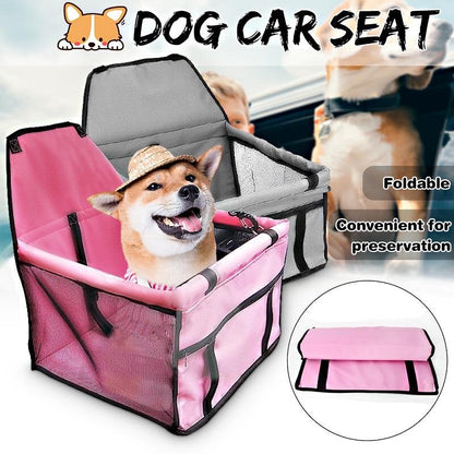 Pet car hammock seat, pink with black straps and gray top cushion, foldable design