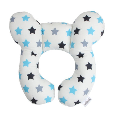 U-shaped baby head support pillow in white with blue and gray star pattern