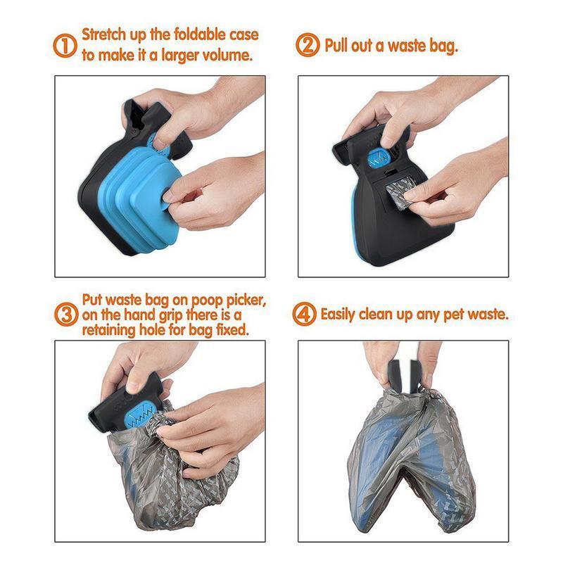 Poop picker tool diagram showing fold-out case and waste bag insertion