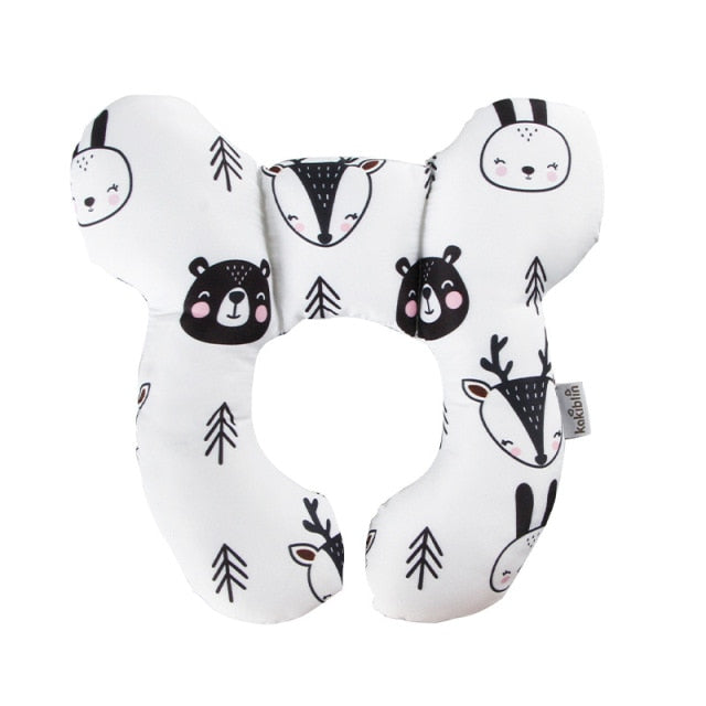 U-shaped baby head support pillow in white with panda, fox, and tree icons